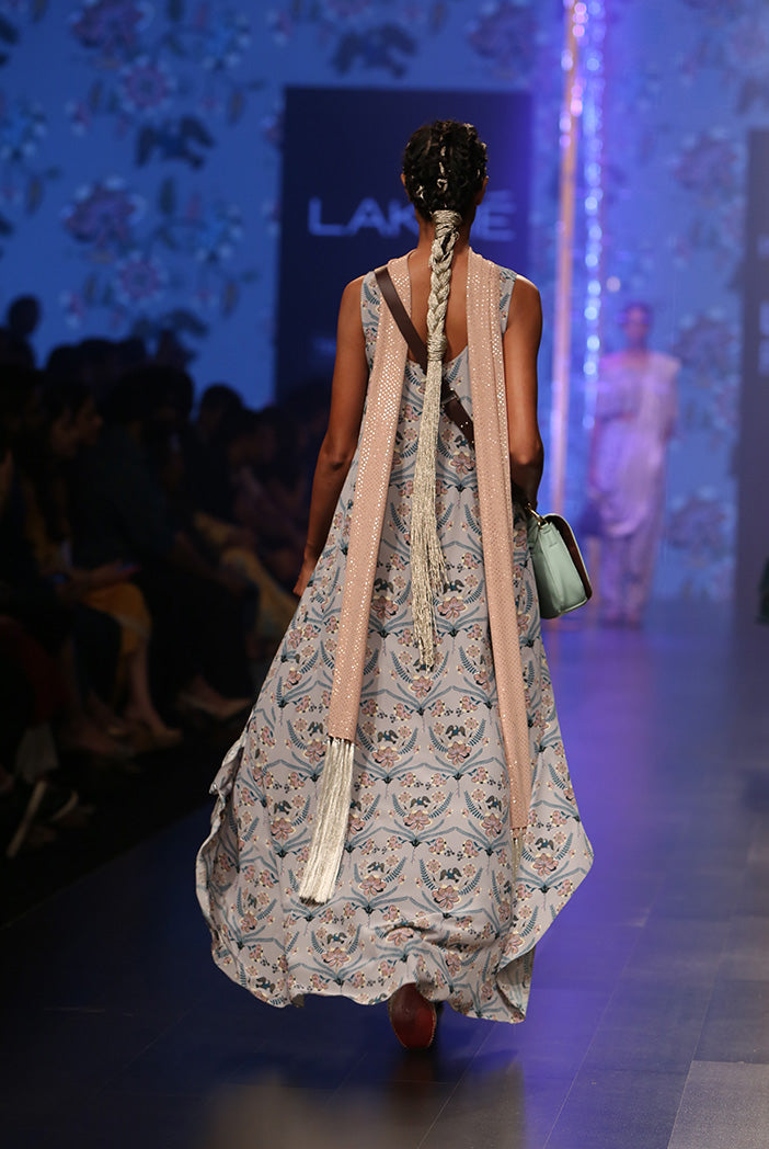 Anira Powder Blue Printed Crepe High-Low Kurta with Frill Palazzo and Dusky Rose Mukaish Georgette Dupatta