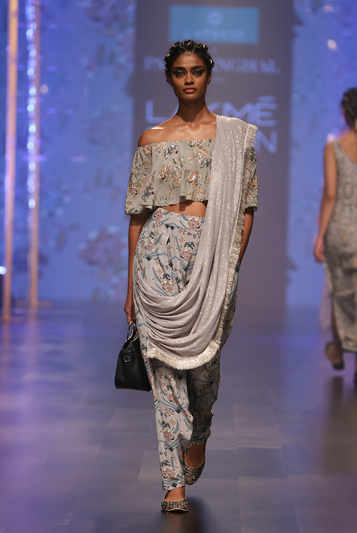 Darisa Mint Printed Crepe Off Shoulder Ruffle Choli with Powder Blue Printed Low Crotch pant and Mukaish Georgette attac