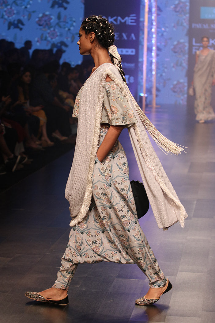 Darisa Mint Printed Crepe Off Shoulder Ruffle Choli with Powder Blue Printed Low Crotch pant and Mukaish Georgette attac