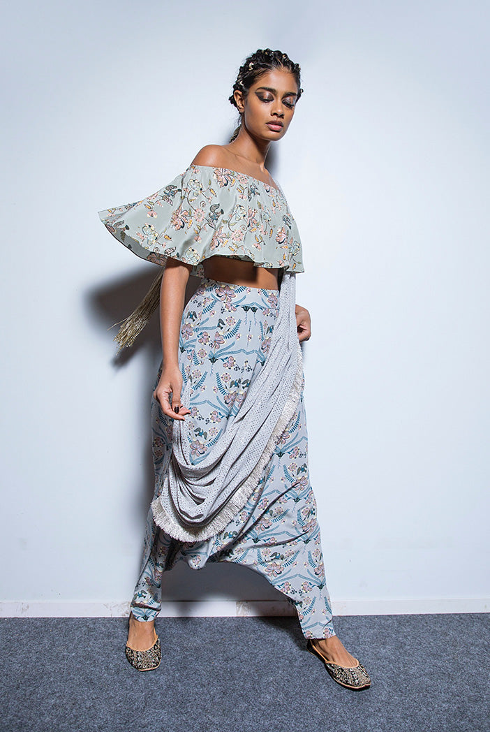 Darisa Mint Printed Crepe Off Shoulder Ruffle Choli with Powder Blue Printed Low Crotch pant and Mukaish Georgette attac