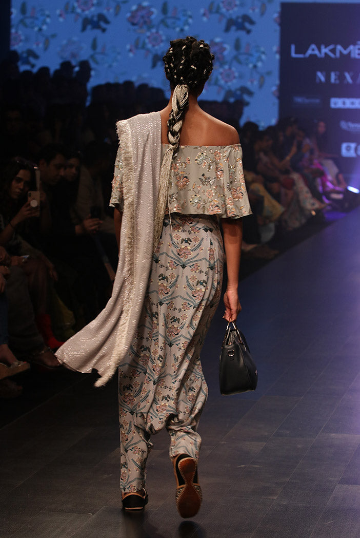 Darisa Mint Printed Crepe Off Shoulder Ruffle Choli with Powder Blue Printed Low Crotch pant and Mukaish Georgette attac