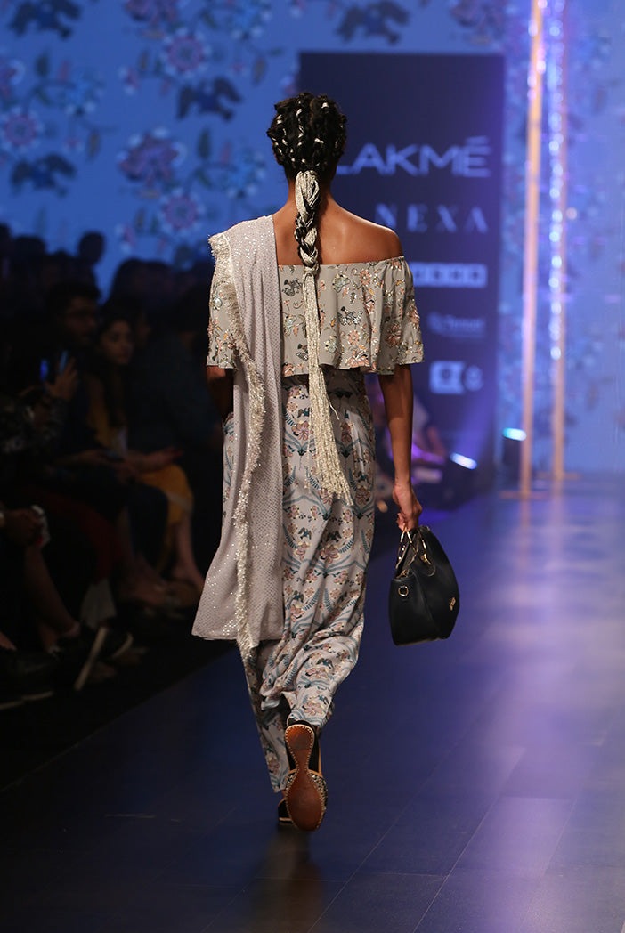 Darisa Mint Printed Crepe Off Shoulder Ruffle Choli with Powder Blue Printed Low Crotch pant and Mukaish Georgette attac