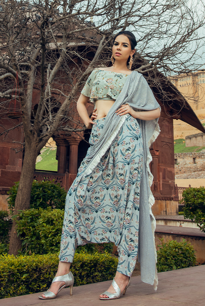 Darisa Mint Printed Crepe Off Shoulder Ruffle Choli with Powder Blue Printed Low Crotch pant and Mukaish Georgette attac