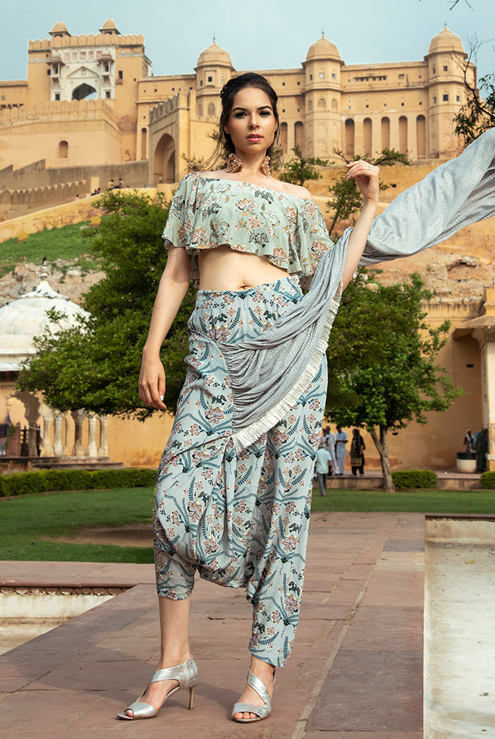 Darisa Mint Printed Crepe Off Shoulder Ruffle Choli with Powder Blue Printed Low Crotch pant and Mukaish Georgette attac
