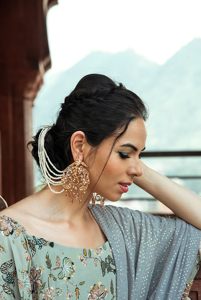 Darisa Mint Printed Crepe Off Shoulder Ruffle Choli with Powder Blue Printed Low Crotch pant and Mukaish Georgette attac