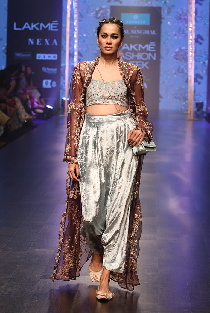 Gulnora Periwinkle Blue Velvet Bustier and Low Crotch Pant with Purple Organza Duster Jacket