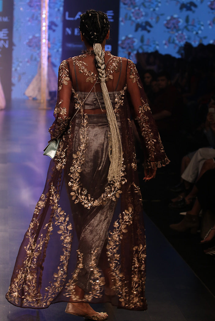Gulnora Periwinkle Blue Velvet Bustier and Low Crotch Pant with Purple Organza Duster Jacket