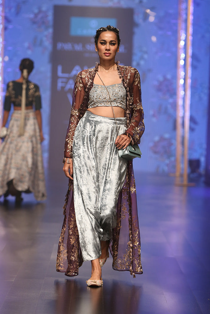 Gulnora Periwinkle Blue Velvet Bustier and Low Crotch Pant with Purple Organza Duster Jacket
