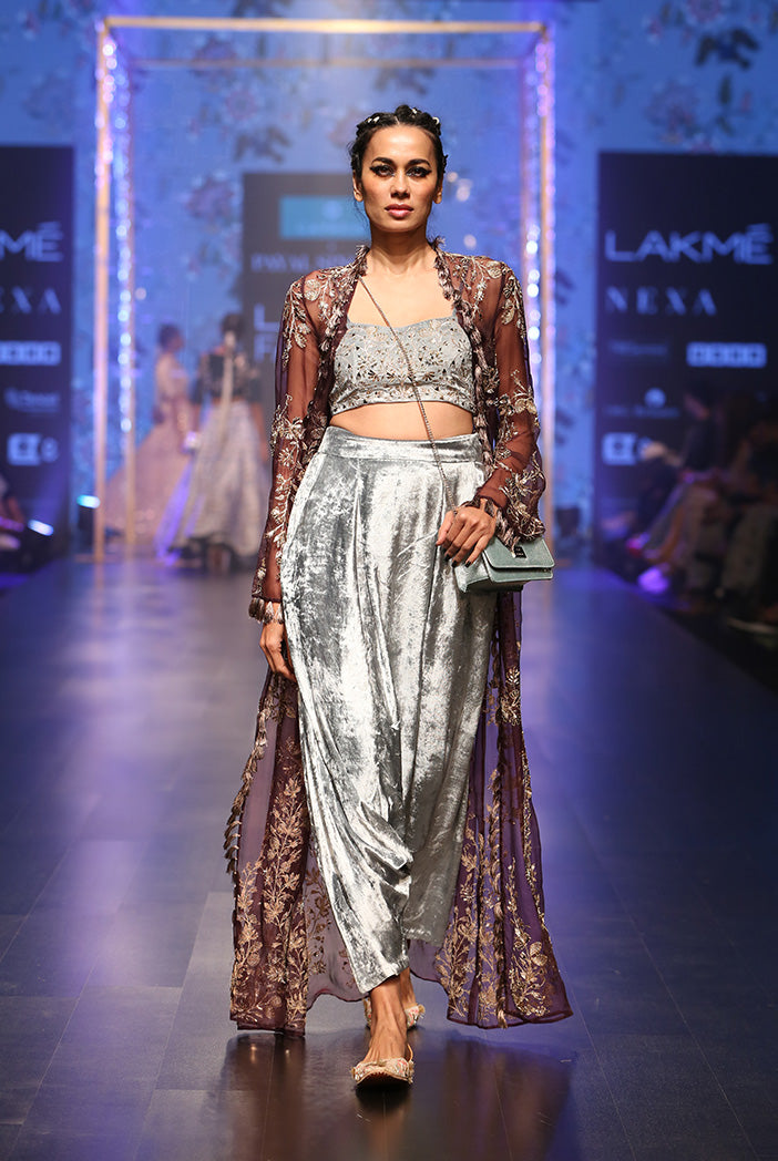 Gulnora Periwinkle Blue Velvet Bustier and Low Crotch Pant with Purple Organza Duster Jacket