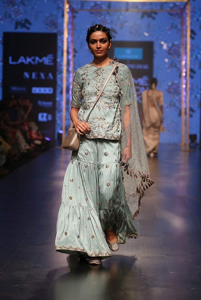 Liana Periwinkle Blue Silk Kurta with Sharara and mukaish Net Dupatta