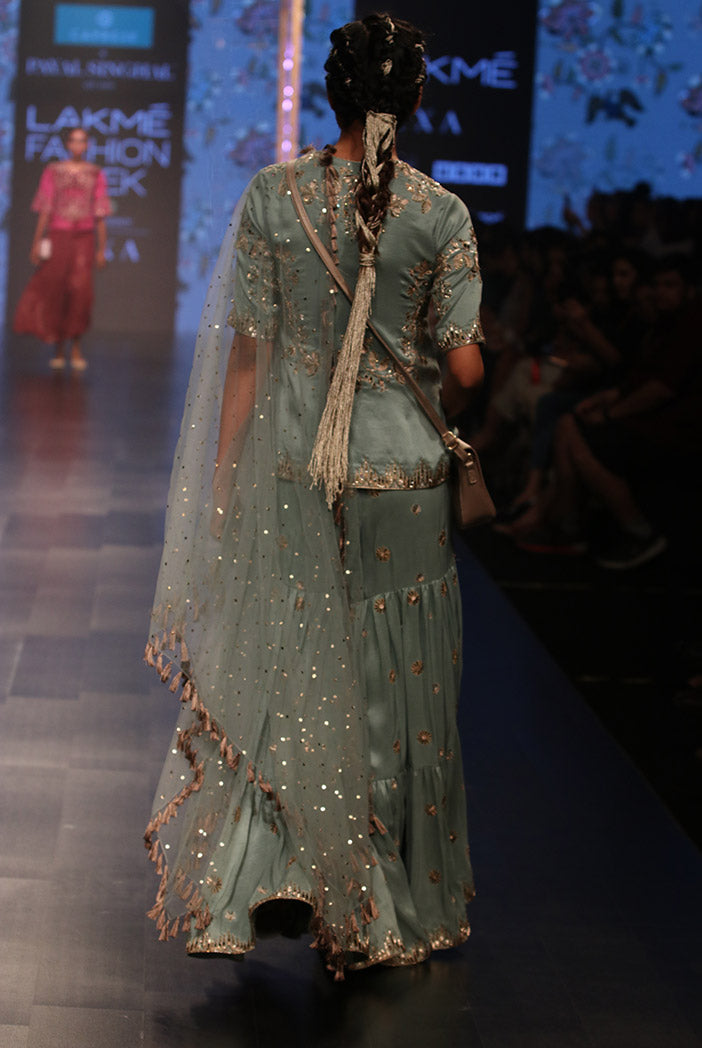 Liana Periwinkle Blue Silk Kurta with Sharara and mukaish Net Dupatta