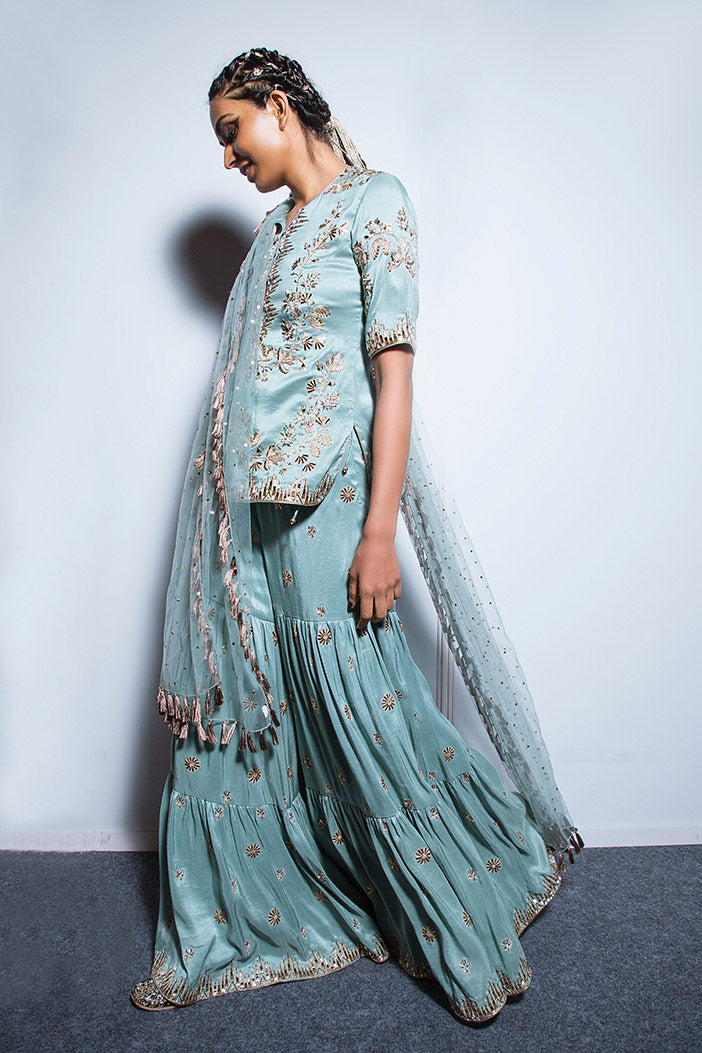 Liana Periwinkle Blue Silk Kurta with Sharara and mukaish Net Dupatta
