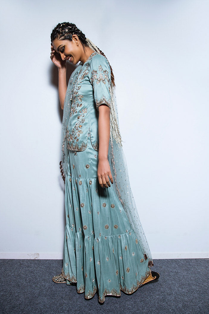 Liana Periwinkle Blue Silk Kurta with Sharara and mukaish Net Dupatta