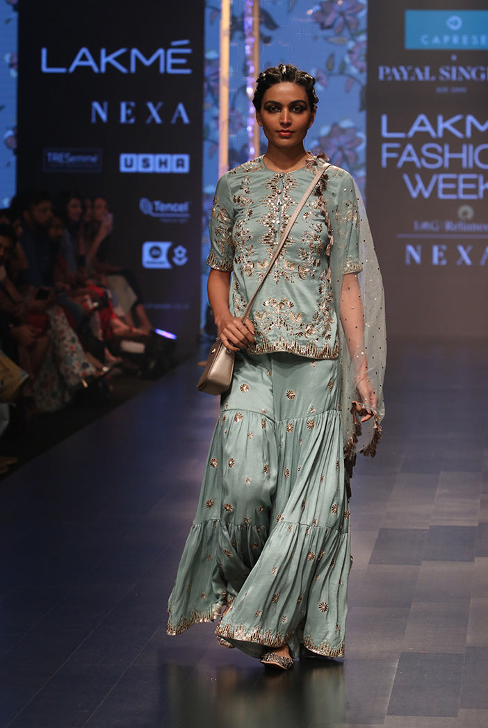 Liana Periwinkle Blue Silk Kurta with Sharara and mukaish Net Dupatta