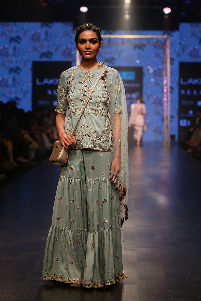 Liana Periwinkle Blue Silk Kurta with Sharara and mukaish Net Dupatta
