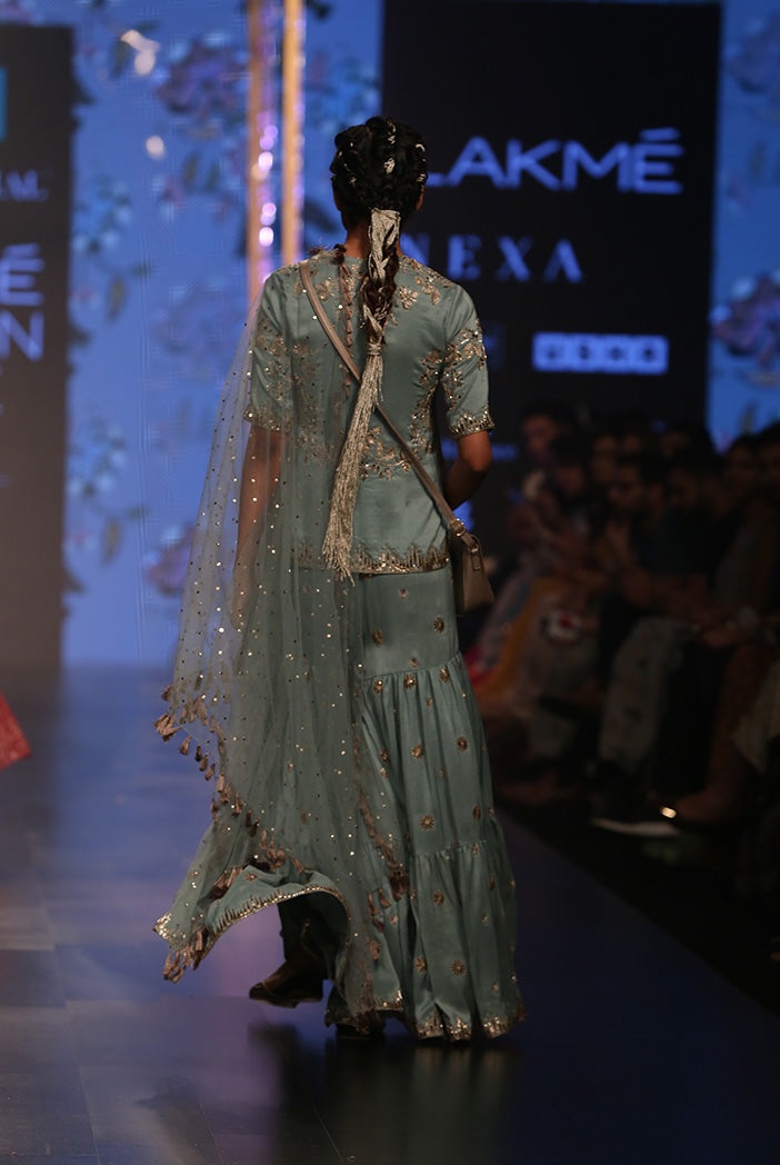 Liana Periwinkle Blue Silk Kurta with Sharara and mukaish Net Dupatta