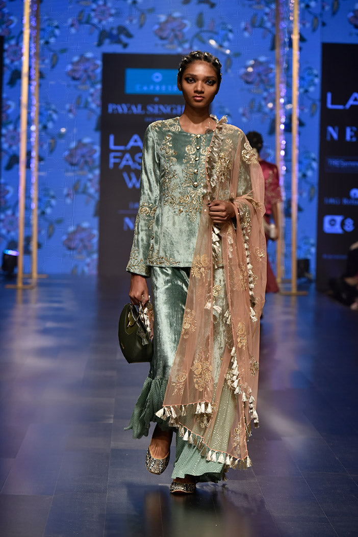 Nasrin Sage Green Velvet Kurta with Velvet and Mukaish Georgette Frill Palazzo and Coral Net Dupatta