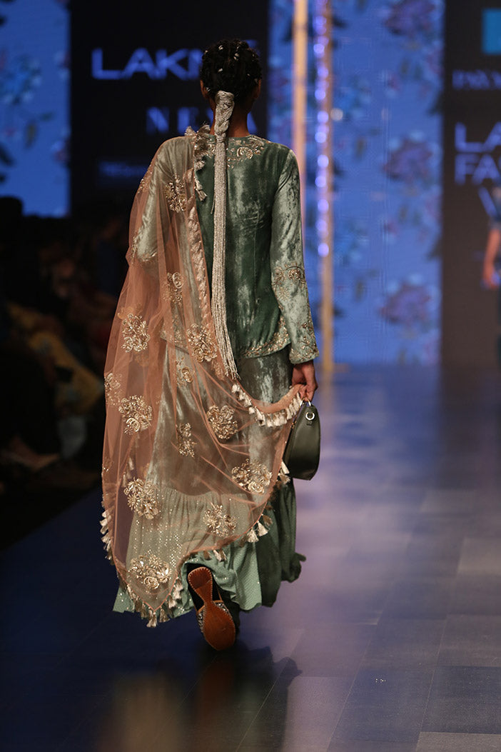 Nasrin Sage Green Velvet Kurta with Velvet and Mukaish Georgette Frill Palazzo and Coral Net Dupatta