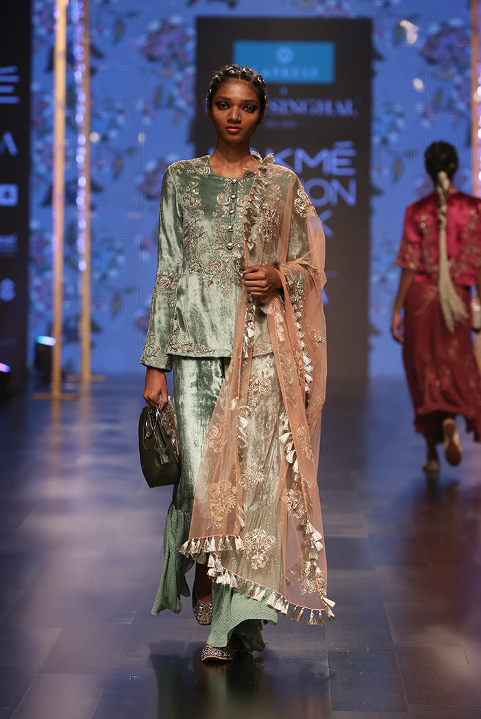 Nasrin Sage Green Velvet Kurta with Velvet and Mukaish Georgette Frill Palazzo and Coral Net Dupatta