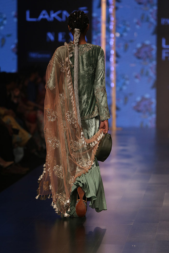 Nasrin Sage Green Velvet Kurta with Velvet and Mukaish Georgette Frill Palazzo and Coral Net Dupatta