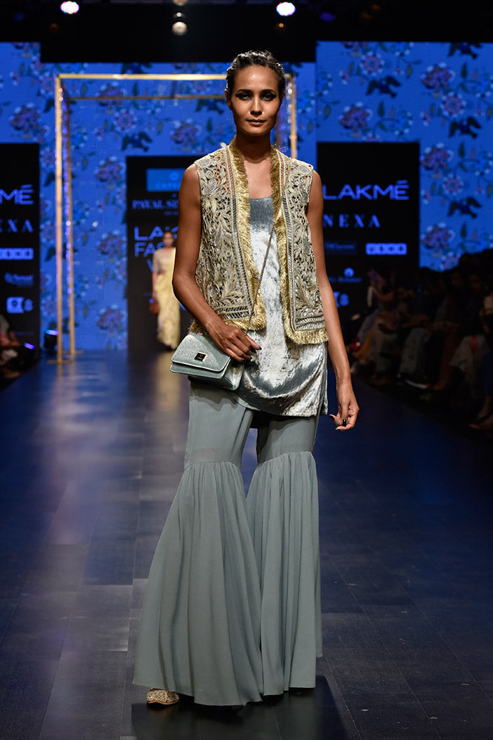 Zana Stone Organza Jacket with Periwinkle Blue Velvet Kurta and Georgette Sharara