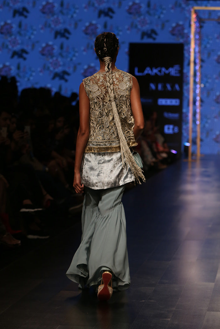 Zana Stone Organza Jacket with Periwinkle Blue Velvet Kurta and Georgette Sharara