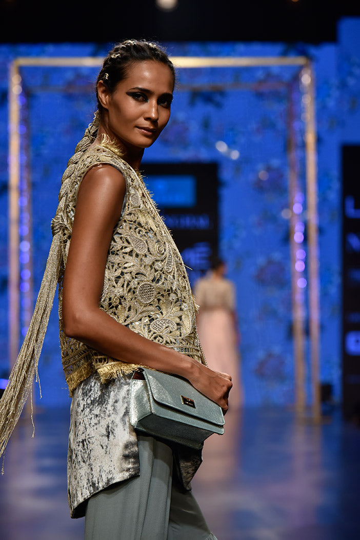 Zana Stone Organza Jacket with Periwinkle Blue Velvet Kurta and Georgette Sharara