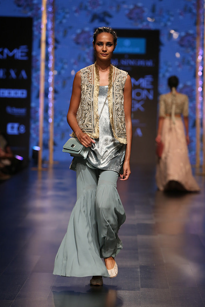 Zana Stone Organza Jacket with Periwinkle Blue Velvet Kurta and Georgette Sharara