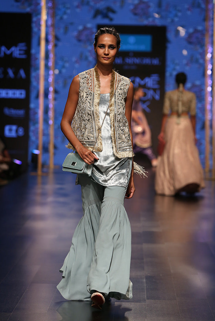 Zana Stone Organza Jacket with Periwinkle Blue Velvet Kurta and Georgette Sharara