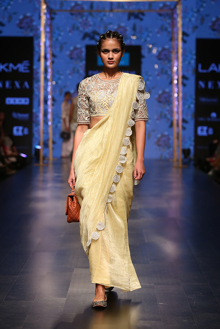 Zarya Pale Yellow Organza Choli with Chanderi Stripe Saree