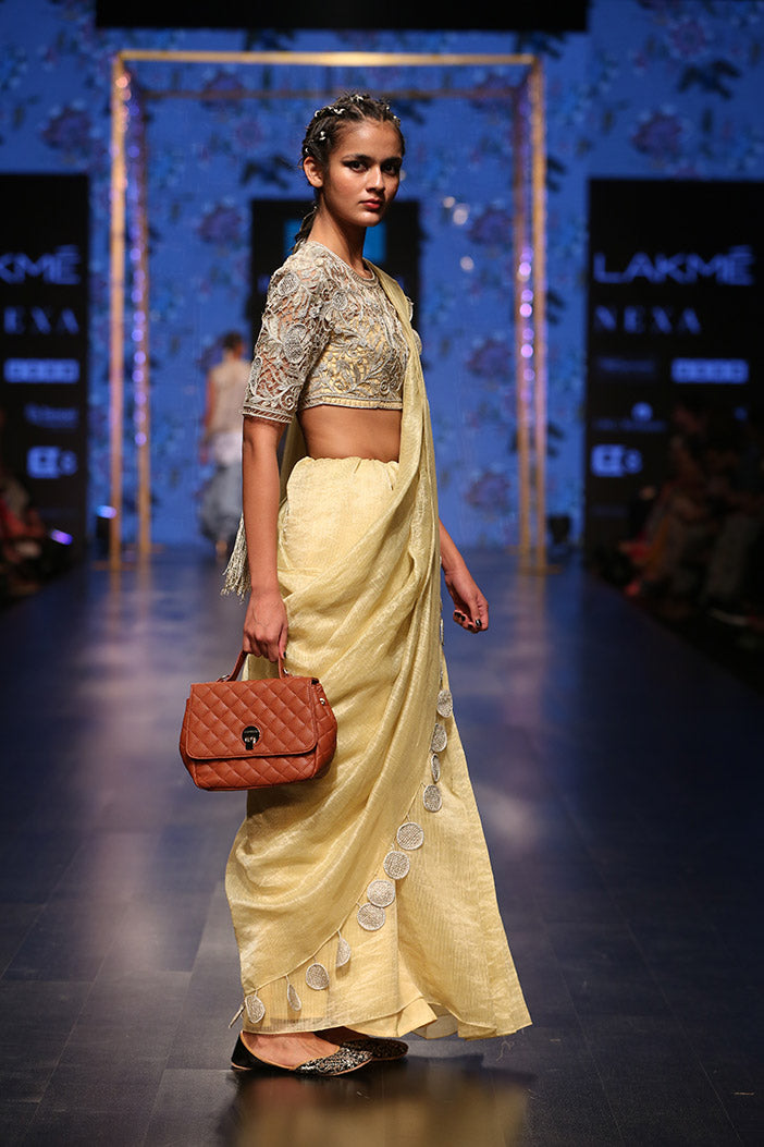 Zarya Pale Yellow Organza Choli with Chanderi Stripe Saree