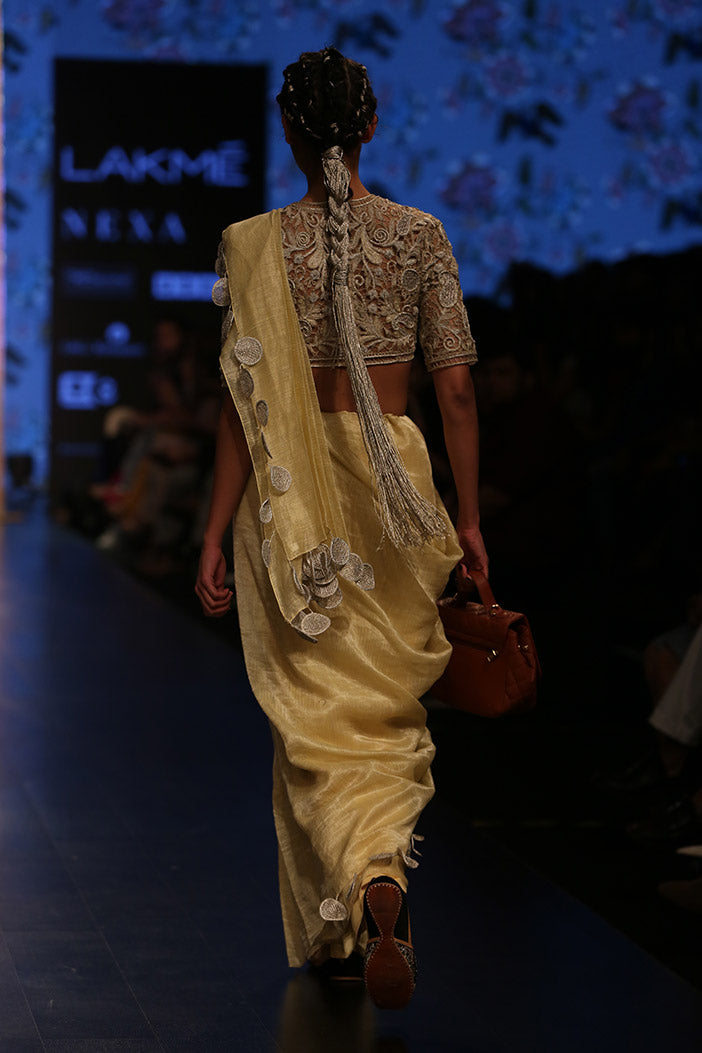 Zarya Pale Yellow Organza Choli with Chanderi Stripe Saree