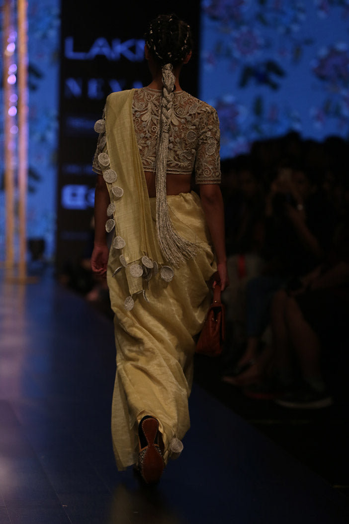 Zarya Pale Yellow Organza Choli with Chanderi Stripe Saree