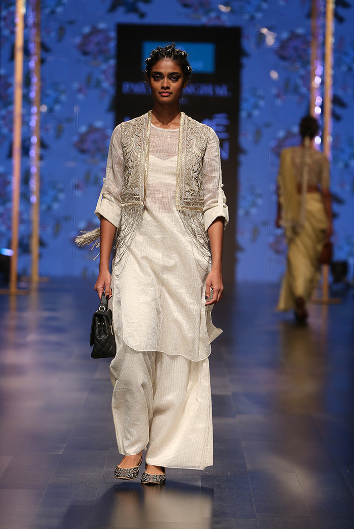 Zara Stone Organza Jacket with Chanderi Stripe Kurta with Palazzo and Bustier