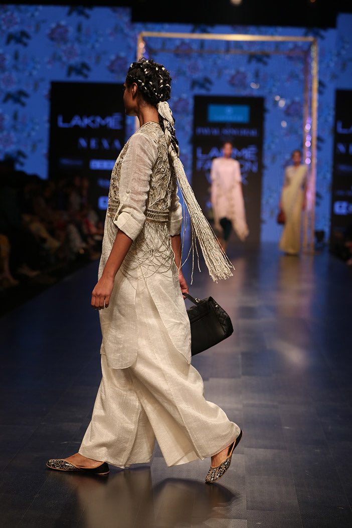 Zara Stone Organza Jacket with Chanderi Stripe Kurta with Palazzo and Bustier