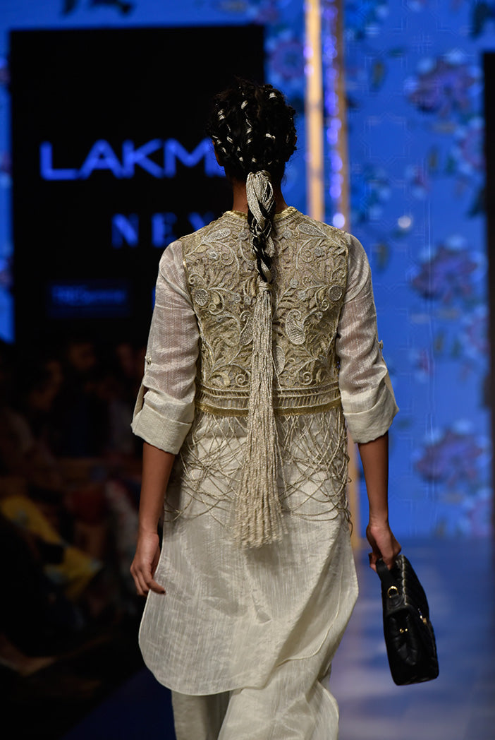 Zara Stone Organza Jacket with Chanderi Stripe Kurta with Palazzo and Bustier
