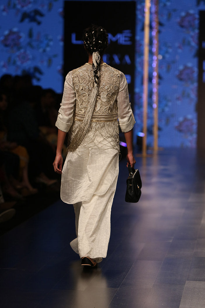 Zara Stone Organza Jacket with Chanderi Stripe Kurta with Palazzo and Bustier