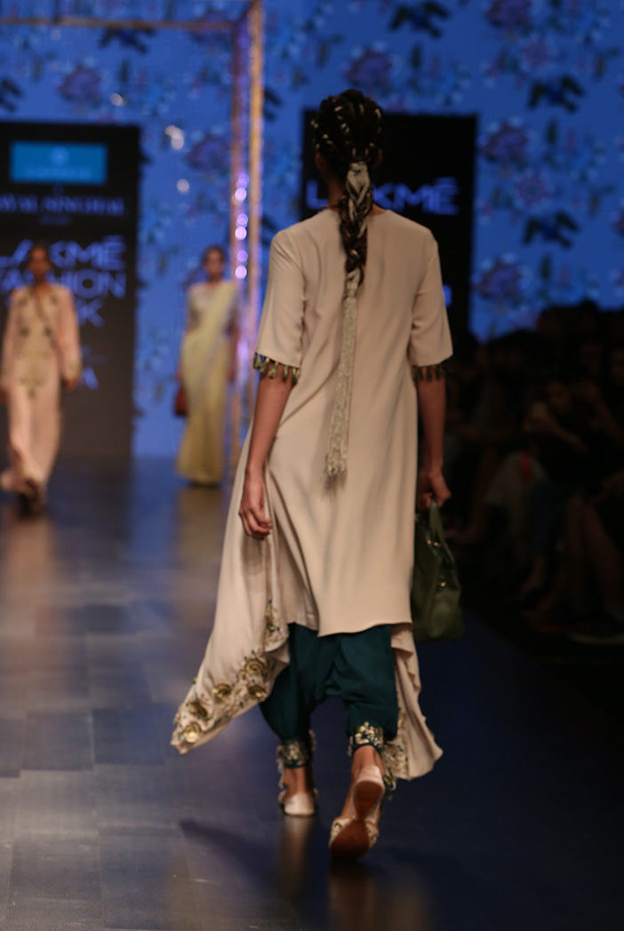 Zumara Stone Crepe Overlap Kurta with Ocean Teal Silk Low Crotch Pant