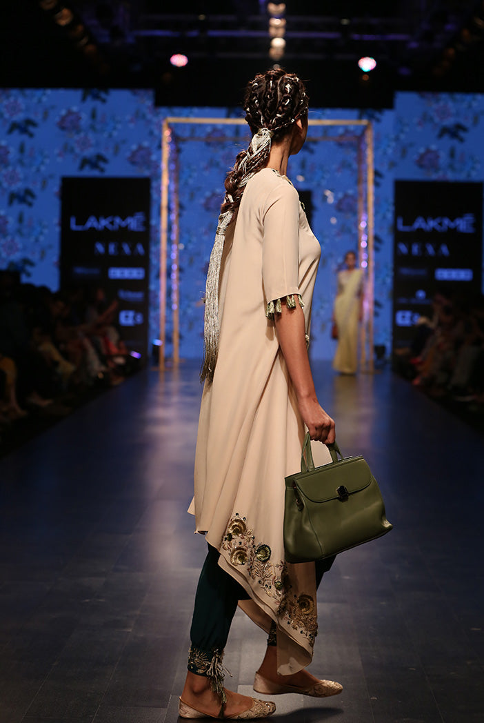 Zumara Stone Crepe Overlap Kurta with Ocean Teal Silk Low Crotch Pant