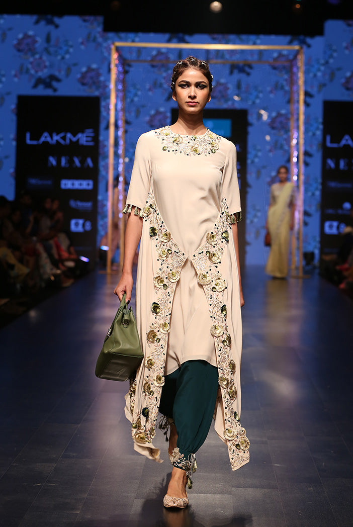Zumara Stone Crepe Overlap Kurta with Ocean Teal Silk Low Crotch Pant