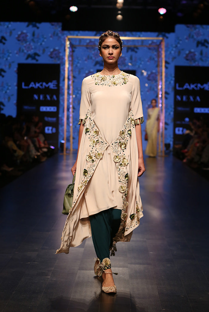 Zumara Stone Crepe Overlap Kurta with Ocean Teal Silk Low Crotch Pant