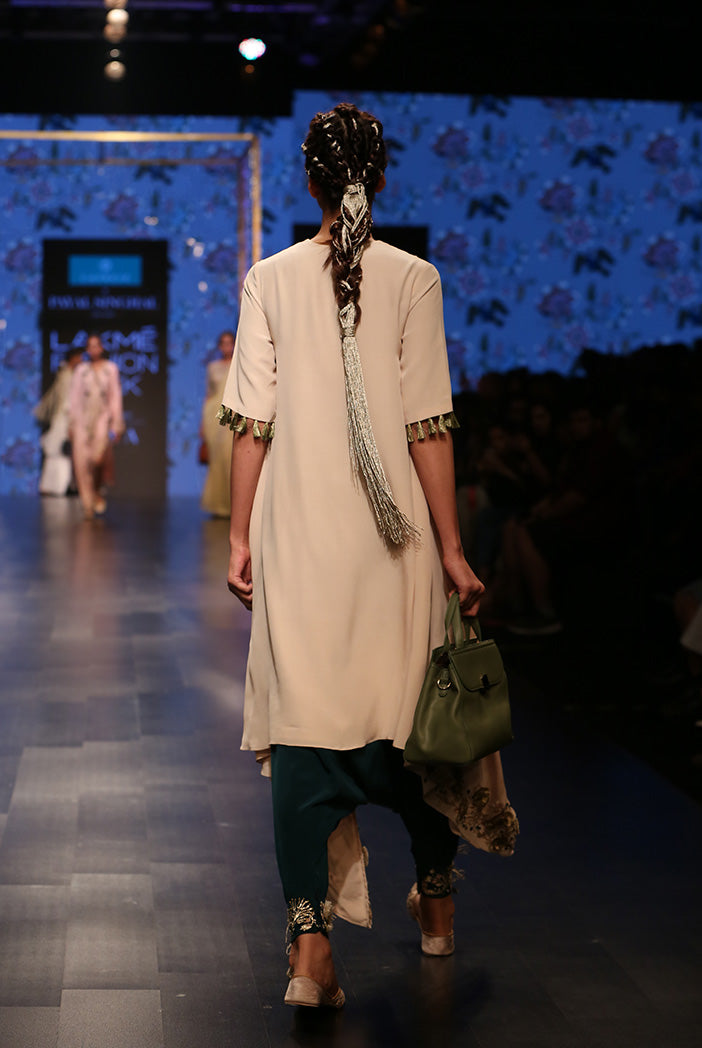 Zumara Stone Crepe Overlap Kurta with Ocean Teal Silk Low Crotch Pant