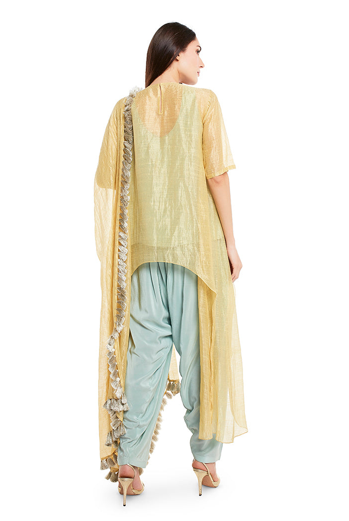 Pale Yellow Colour Chanderi Stripe High-Low Kurta with Dupatta and Aqua Colour Silk Camisole with Salwar