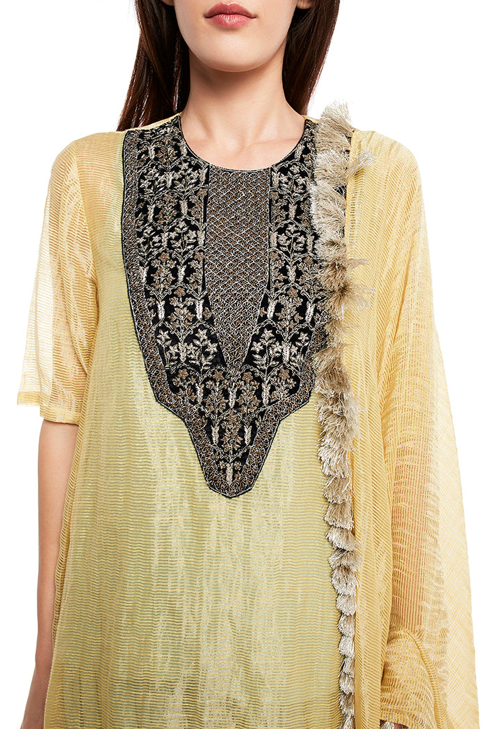 Pale Yellow Colour Chanderi Stripe High-Low Kurta with Dupatta and Aqua Colour Silk Camisole with Salwar