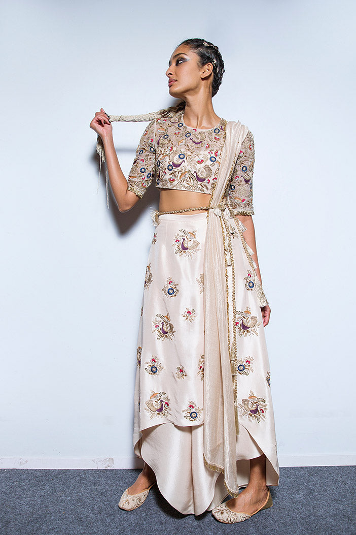 Gulbanu Stone Organza Choli with Silk Skirt Palazzo and Chanderi Stripe Dupatta