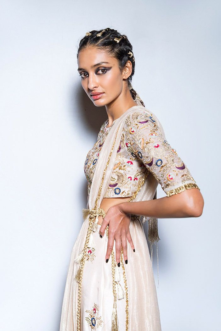 Gulbanu Stone Organza Choli with Silk Skirt Palazzo and Chanderi Stripe Dupatta