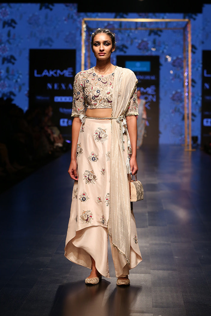 Gulbanu Stone Organza Choli with Silk Skirt Palazzo and Chanderi Stripe Dupatta