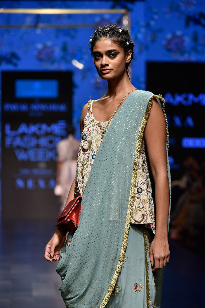 Merunisa Stone Crepe Short Anarkali Top with Perwinkle Blue Crepe Low Crotch Pant and attached Mukaish Georgette Drape