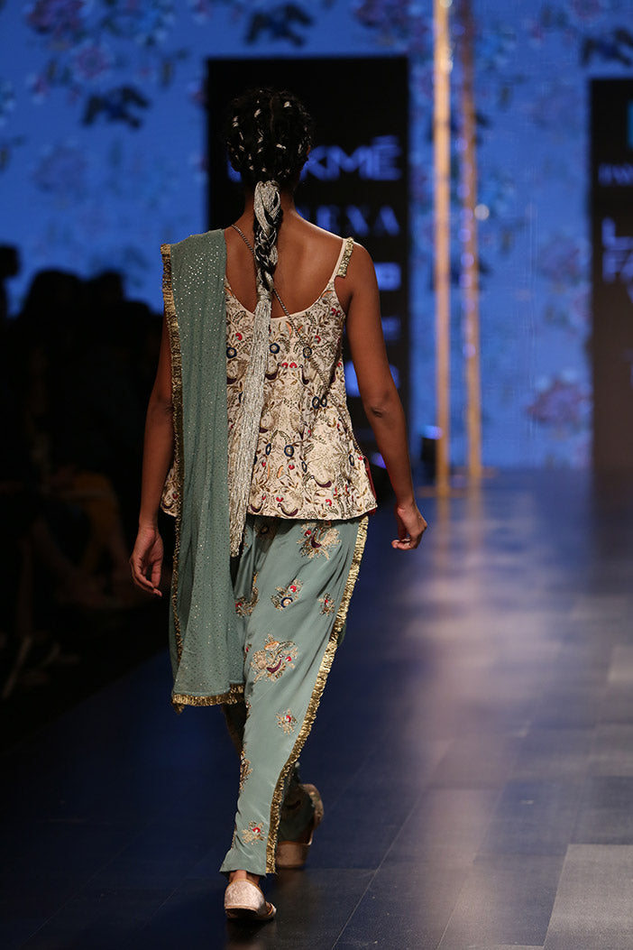 Merunisa Stone Crepe Short Anarkali Top with Perwinkle Blue Crepe Low Crotch Pant and attached Mukaish Georgette Drape