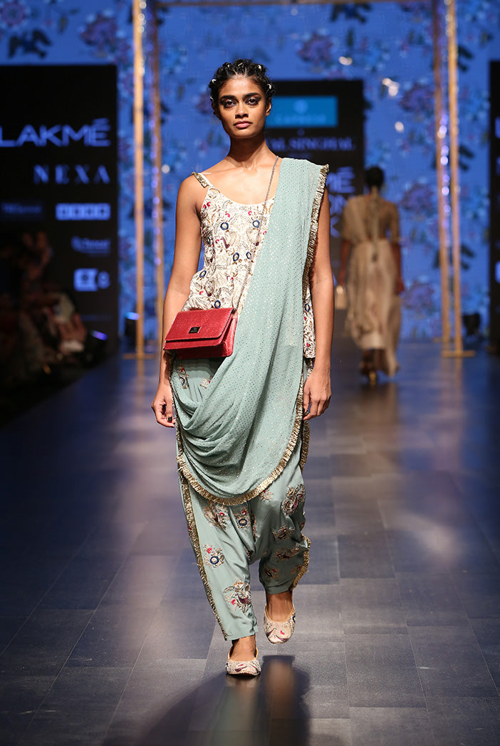Merunisa Stone Crepe Short Anarkali Top with Perwinkle Blue Crepe Low Crotch Pant and attached Mukaish Georgette Drape